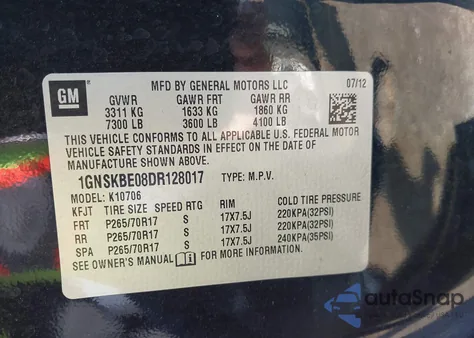 2013 Chevrolet Tahoe Lt z USA, uszkodzony, nr VIN 1GNSKBE08DR128017